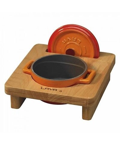 1 - LAVA MINI CASSERUOLA IN GHISA SMALTATA CON BASE IN LEGNO ø 10 CM ARANCIO