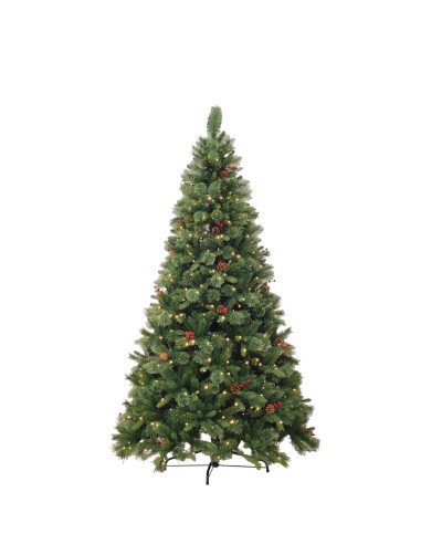 1 - Albero di natale verde cm 240 folto ad ombrello luci led pigne bacche