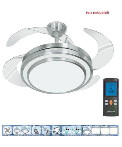 1 - Ventilatore da soffitto 4 pale a scomparsa Johnson Lustra luce telecomando funzione reverce