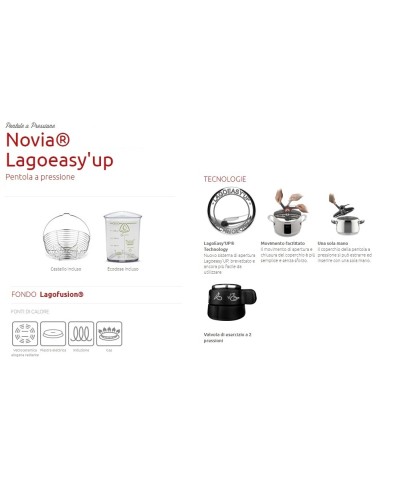 2 - Pentola a pressione Lagostina 9 lt 22 cm Novia LagoEasyup doppia valvola