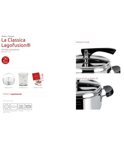 2 - Pentola a pressione 12 litri + cestello + ecodose La Classica Lagofusion® Lagostina