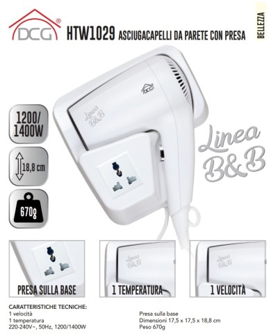 2 - Asciuga capelli da parete Dcg HTW 1029 con presa