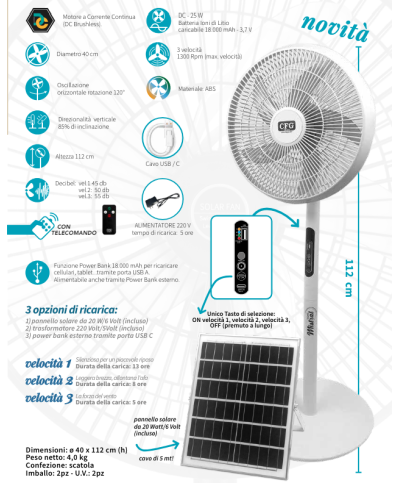 2 - CFG ventilatore Mistral solare a piantana EV121 ricaricabile