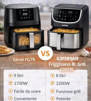 Friggitrice ad aria 9 Litri Girmi FG79 o G3Ferrari Friggisano 8L Grill G10191: quale scegliere?
